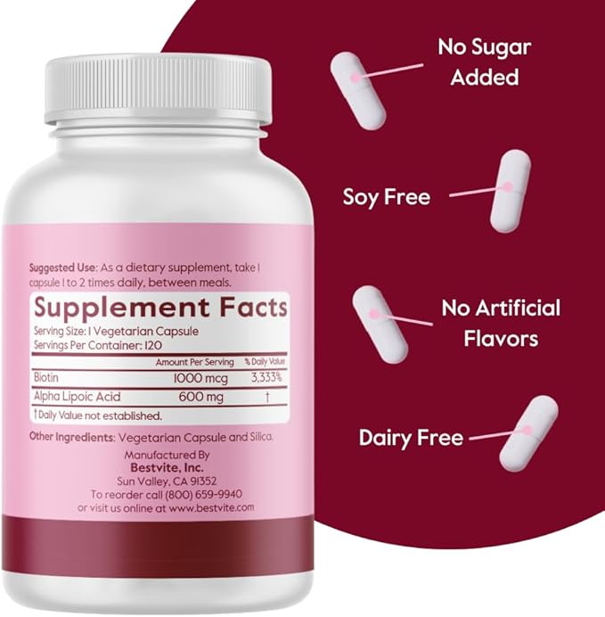 Alpha Lipoic Acid 600mg (per Capsule) with Biotin to Enhance Absorption (120 Vegetarian Capsules) No Fillers - No Stearates - No Flow Agents