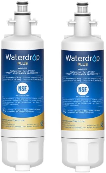 Waterdrop Plus 469690 ADQ36006101 𝐍𝐒𝐅 𝟓𝟑&𝟒𝟎𝟏 Refrigerator Water Filter, 𝐑𝐞𝐝𝐮𝐜𝐞 𝐏𝐅𝐀𝐒, Replacement for LG® LT700P®, Kenmore® 9690, ADQ36006102, WSL-3, FML-3, 2 Pack Package May Vary