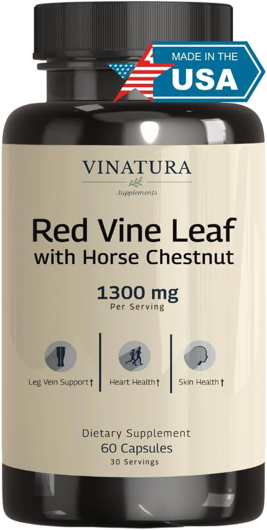 Red Vine Leaf Extract - Horse Chestnut, 1300mg/serving *USA Made and Tested* Circulation and Vein Support for Healthy Legs - Helps Blood Flow, Leg Circulation - 60 Capsules (30 Servings)