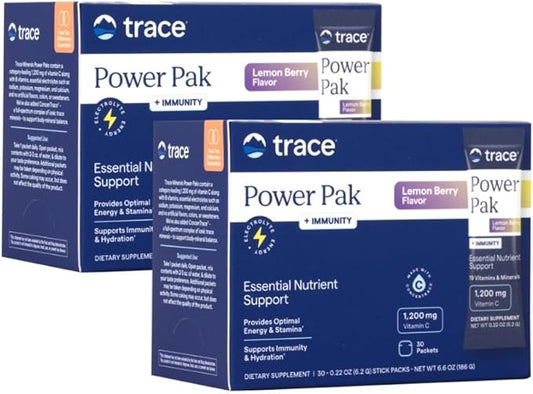 Trace Minerals | Power Pak Electrolyte + Immunity Boost Drink Packets | 1200 mg Vitamin C, Elderberry, Zinc, D3, B6, B12 | Immunity, Hydration, & Energy Support | Fizzy Lemon Berry | 60 Packets
