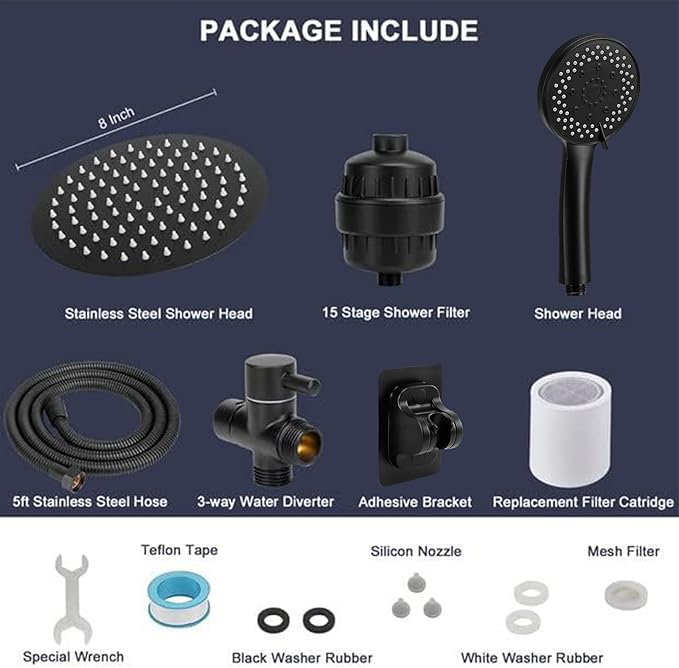 NearMoon Filtered Shower Head, High Pressure 8″Round Rain Shower and 5 settings Handheld Shower Filter Combo with Self-adhesive Holder/1.5M Hose -1 Replaceable Filter Cartridge (Matte Black)