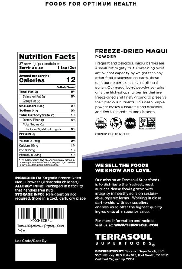 Terrasoul Superfoods Organic Maqui Berry Powder, 4 Oz, Freeze-Dried, Antioxidant-Rich Superfood for Smoothies, Desserts, and Immune Support
