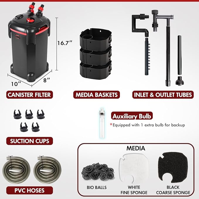 265GPH Canister Filter, 3-Stage External Aquarium Filter Ultra-Quiet Water Circulation Cleaning Machine with Media for Fish Tanks and Aquariums Up to 75 Gallons (265GPH)