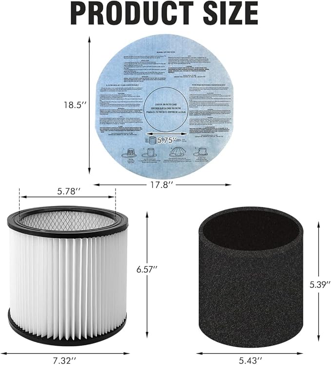 12 PCS Cartridge Filter 90304 Compatible with Shop Vac 90350 90333 5 Gallon and above，with 90585 Foam Filter, 90107 Filter，10-14 Gallon Vacuum Bags,Retaining Bands