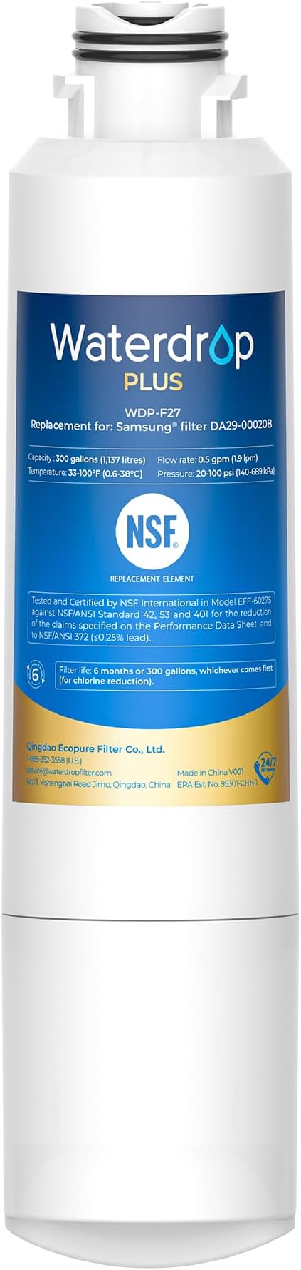 Waterdrop Plus DA29-00020B 𝐍𝐒𝐅 𝟒𝟎𝟏 𝐂𝐞𝐫𝐭𝐢𝐟𝐢𝐞𝐝 Water Filter, Reduce 𝐏𝐅𝐎𝐀/𝐏𝐅𝐎𝐒, Replacement for Samsung® Water Filter HAF-CIN, HDX FMS-2, RF28HMEDBSR, 1 Filter (Package May Vary)
