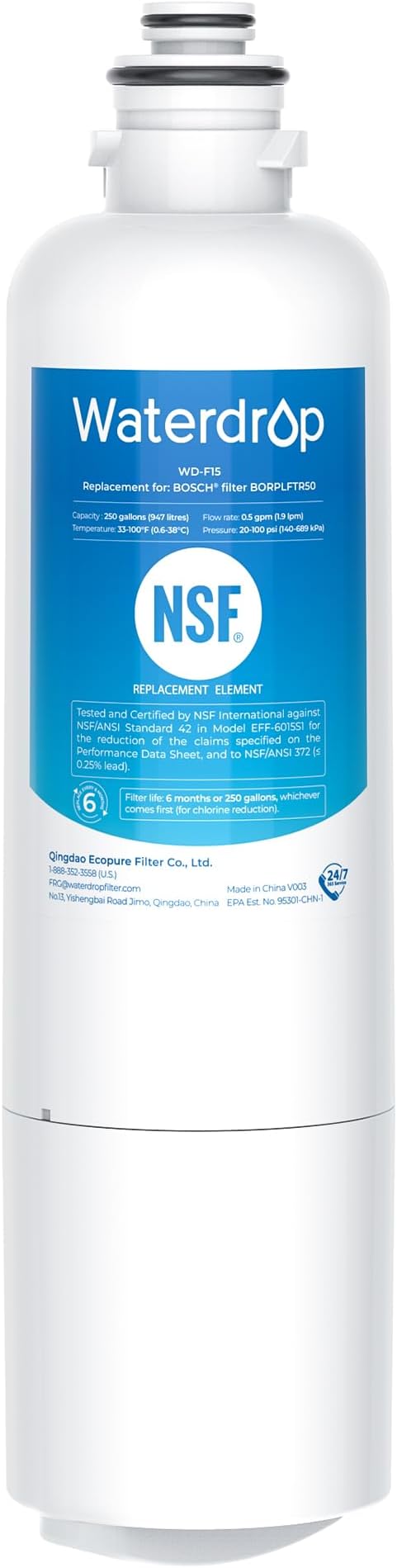 Waterdrop BORPLFTR50 Replacement for Bosch® Ultra Clarity® Pro 11032531, 12033030, 11025825, BORPLFTR55, B36CD50SNS, B36CT80SNS, B36CL80ENS, B36FD50SNS, WFC100MF, WFS200MF, Refrigerator Water Filter