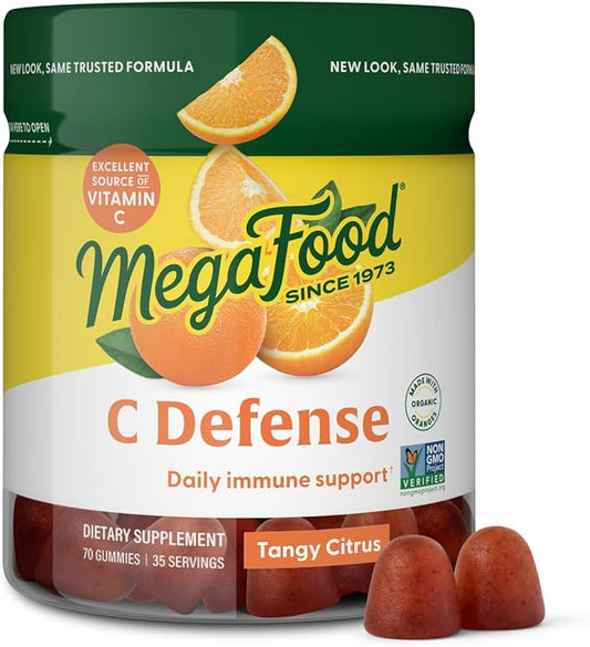MegaFood C Defense Daily Immune Support Supplement - Chewable Vitamin C Gummies, Tangy Citrus Flavor, Made with Real Food Like Orange & Cranberry, Vegan, Gluten-Free - 70 Gummy Vitamins, 35 Servings