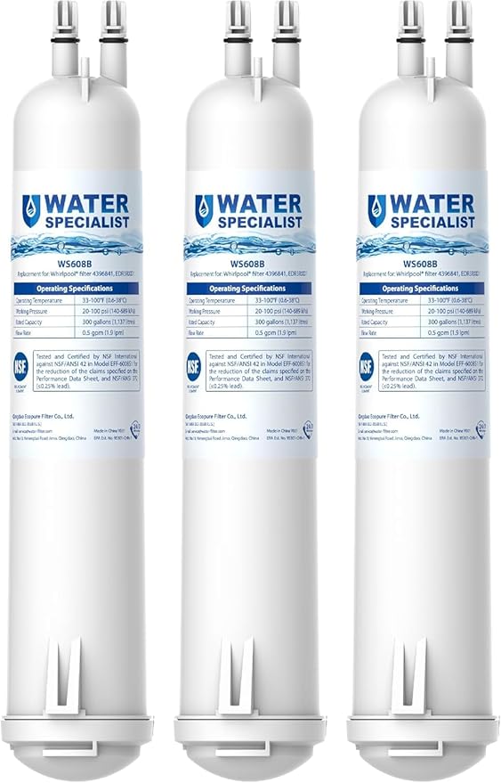 Waterspecialist WS608 Water Filter, Replacement for Whirlpool® EDR3RXD1, 4396841, Everydrop® Filter 3, 4396710, Kenmore® 46-9083, 46-9030, Refrigerator Water Filter, 3 Filters