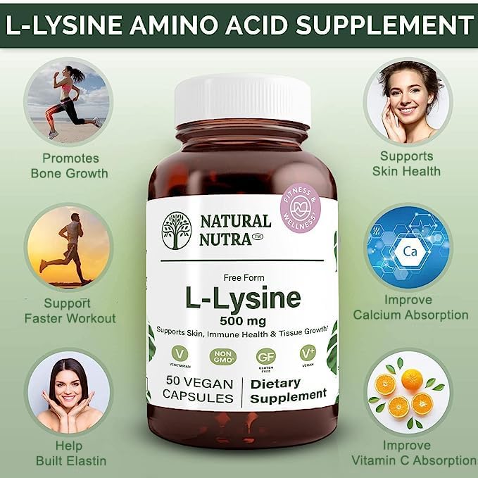 Natural Nutra L Lysine HCl, Promotes Bone Health and Growth, Support Skin Health, Improve Vitamin C Absorption, Helps Built Collagen, Improve Calcium Absorption, Non-GMO, Vegan, 500 mg, 50 Capsules.