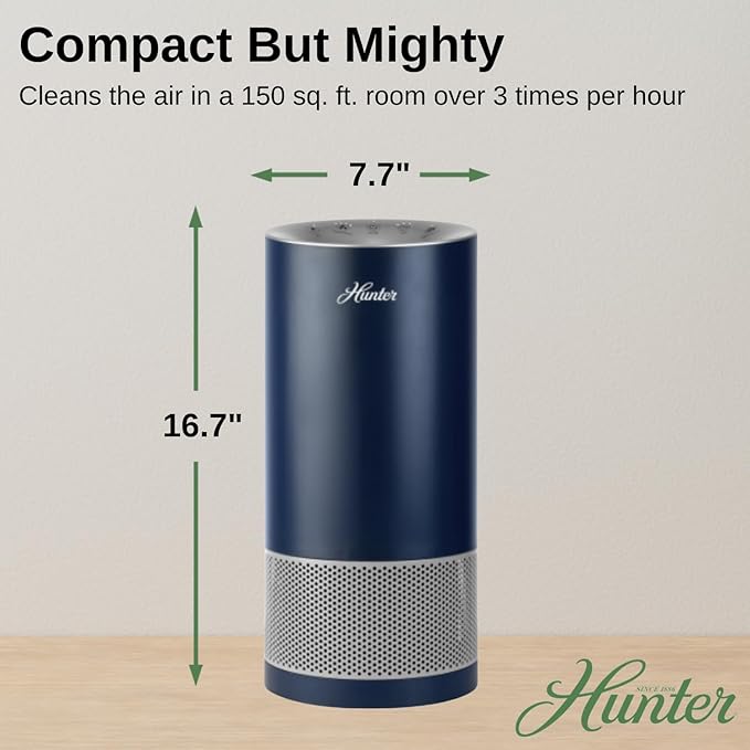 Hunter Fan Company HP400 Round Tower Air Purifier for Small Rooms, Featuring True HEPA Filtration and EcoSilver® Pre-Filter for Allergy and Asthma Relief, White and Silver