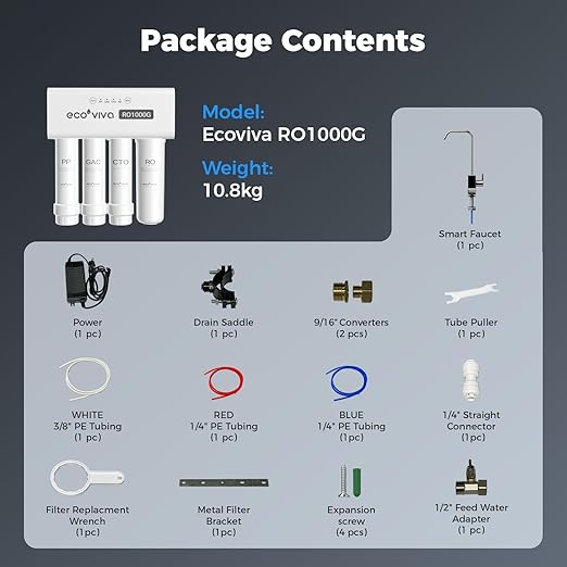 Ecoviva 1000GPD UnderSink Reverse Osmosis Water Filter RO Tankless Filtration System, Alkaline Water pH+, 8-Stage Filtration, Meet NSF/ANSI 58 Standard, 3:1 Pure-to-Drain Filter, With LED Smart Faucet