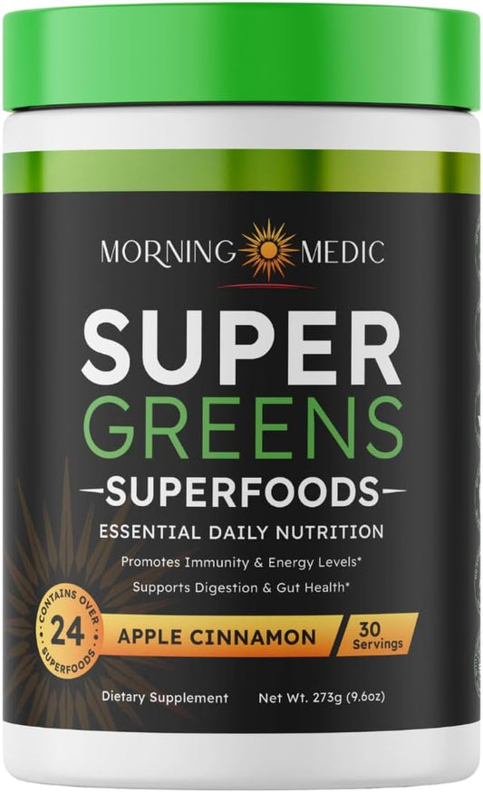 Super Greens Powder with 24+ Superfoods, Premium Nutrient-Dense Blend, Promotes Immunity & Energry Levels, Supports Disgestion & Gut Health, Apple Cinnamon Flavor, 9.6 oz