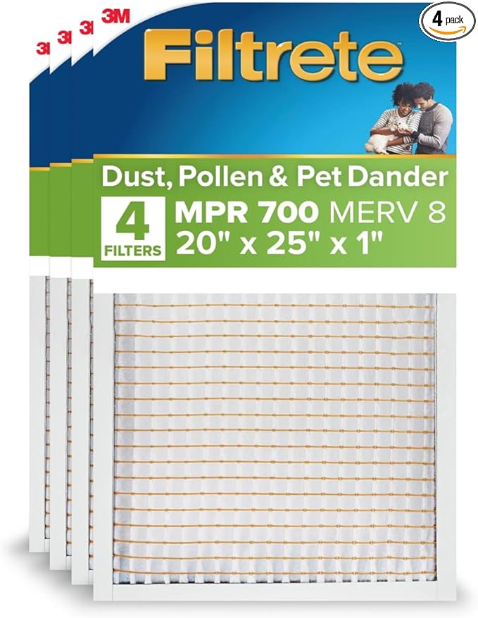 Filtrete 20x25x1 AC Furnace Air Filter, MERV 8, MPR 700, Tough on Pollen, Easy on Airflow, 3-Month Pleated 1-Inch Electrostatic Air Cleaning Filter, 4-Pack (Actual Size 19.880 x 25.563 x 0.8125 in)