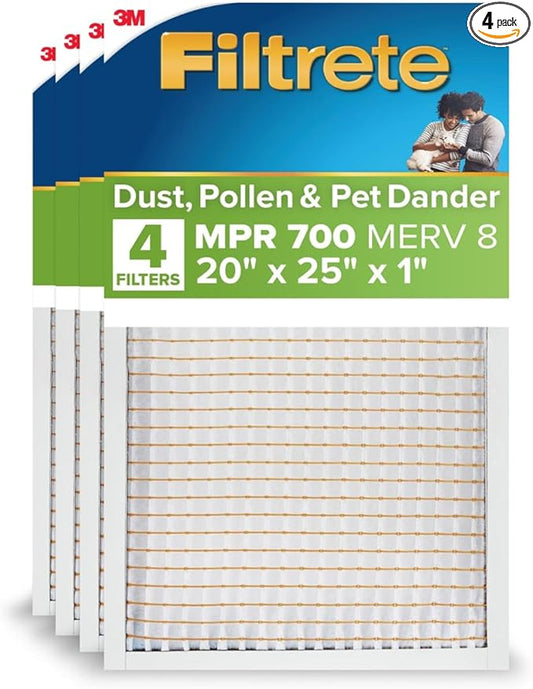 Filtrete 20x25x1 AC Furnace Air Filter, MERV 8, MPR 700, Tough on Pollen, Easy on Airflow, 3-Month Pleated 1-Inch Electrostatic Air Cleaning Filter, 4-Pack (Actual Size 19.880 x 25.563 x 0.8125 in)