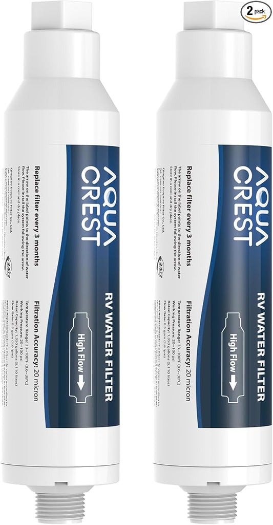AQUA CREST RV Water Filter, RV Inline Water Filter with NSF Certified, Reduces Chlorine, Bad Taste and Odor, Ideal for Garden and Camper (Filter 2 Pack)