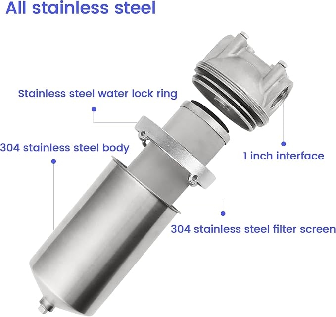 Amwater NSF/ANSI 42 Stainless Steel Whole House Water Filter Housing, 5" x 2.5" Sediment Water Filter System for Heavy Duty, Well & City Water, 1" NPT Port, Drain Valve Style C