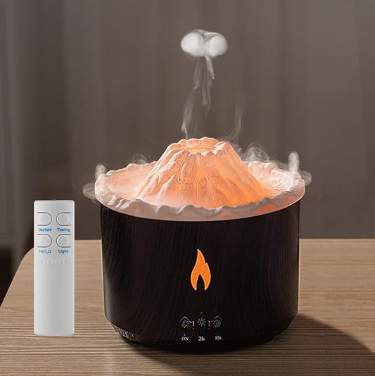 300ml Essential Oil Diffuser, Volcano Flame Aromatherapy Diffusers Fragrant Humidifier Vaporizer with Remote Control, Night Lights, Timer Auto Off for Bedroom Home Office (Dark Wood Grain)