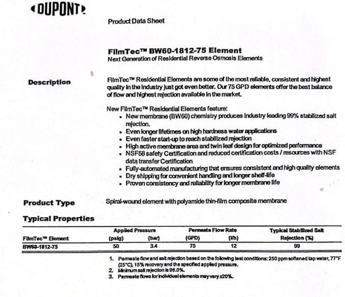 FilmTec, BW60-1812-75 75 gpd TFC Membrane for Undersink Reverse Osmosis (RO) System (Replaces Model TW30-1812-75)