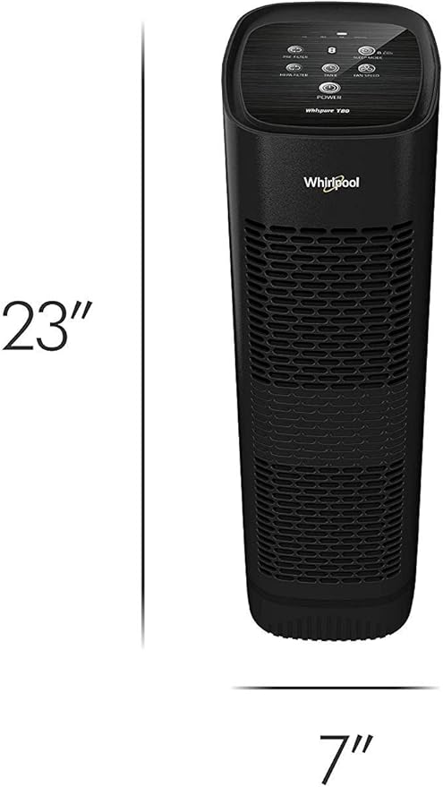 Whirlpool, WPT80B Whispure True HEPA Air Purifier, Activated Carbon Advanced Anti-Bacteria, Ideal for Allergies, Odors, Pet Dander, Mold, Smoke, Wildfire, and Germs, Large, Black