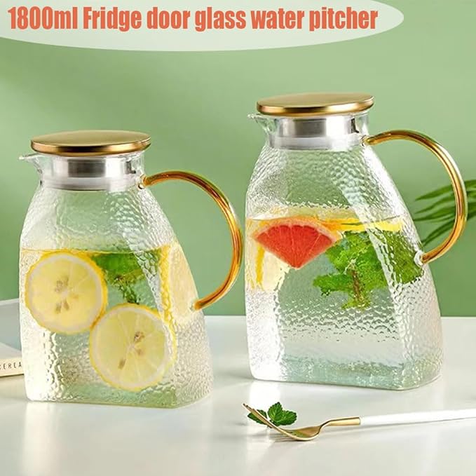 1.8L Glass Pitcher with Stainless Steel Gold Lid - Ideal Fridge Door Water Pitcher for Hot or Cold Beverage, Iced Tea, Juice, Milk, Coffee, Lemonade
