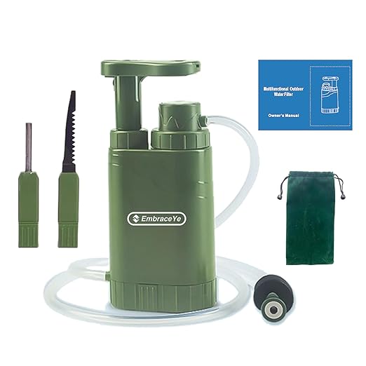 【Outdoor Water Filter Multipurpose for Survival】- Portable Hiking Water Filtration System - Water Purifier for Hiking, Travel, and Emergency - Hand Pump Water Filter