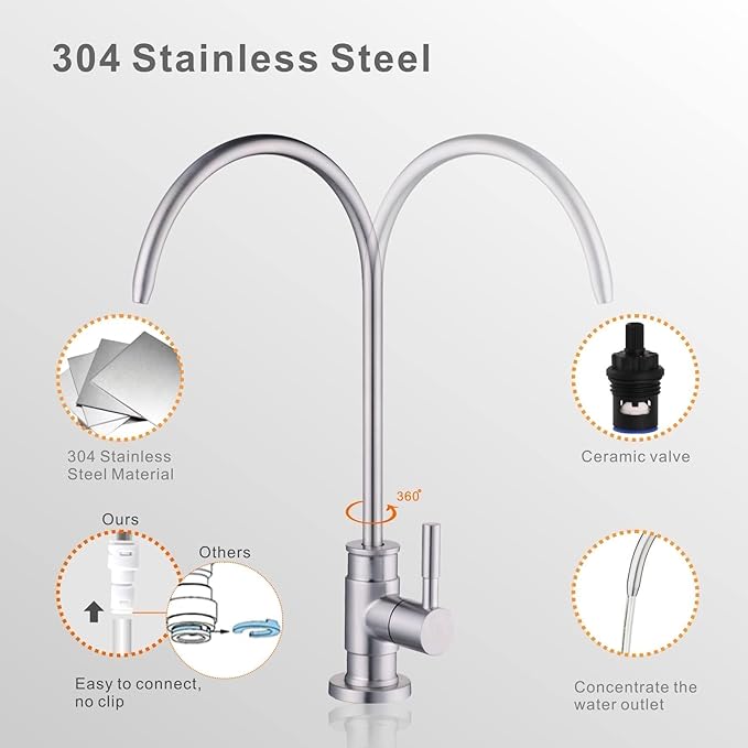 Drinking Water Faucet Brushed Nickel, Wellup Reverse Osmosis Faucets for Non Air Gap RO Water Filtration System, Leadless Stainless Steel Kitchen Water Filter RO Faucet for Kitchen Bar Sink