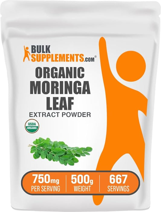 BulkSupplements.com Organic Moringa Extract Powder - Superfood Supplement, from Moringa Oleifera - Vegan & Gluten Free, 750mg per Serving, 500g (1.1 lbs) (Pack of 1)