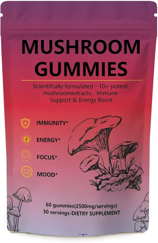Mushroom Gummies – Delicious Vegan Supplement with 12 Mushroom Extract Blend for Focus, Energy & Wellness (60 Gummies)