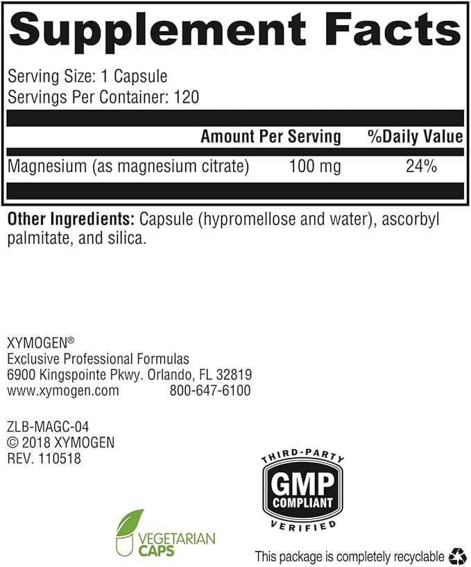 XYMOGEN Magnesium Citrate Capsules - Vegan Magnesium Supplement for Women + Men - Regularity, Muscle, Bone + Heart Health Supplements (120 Capsules)