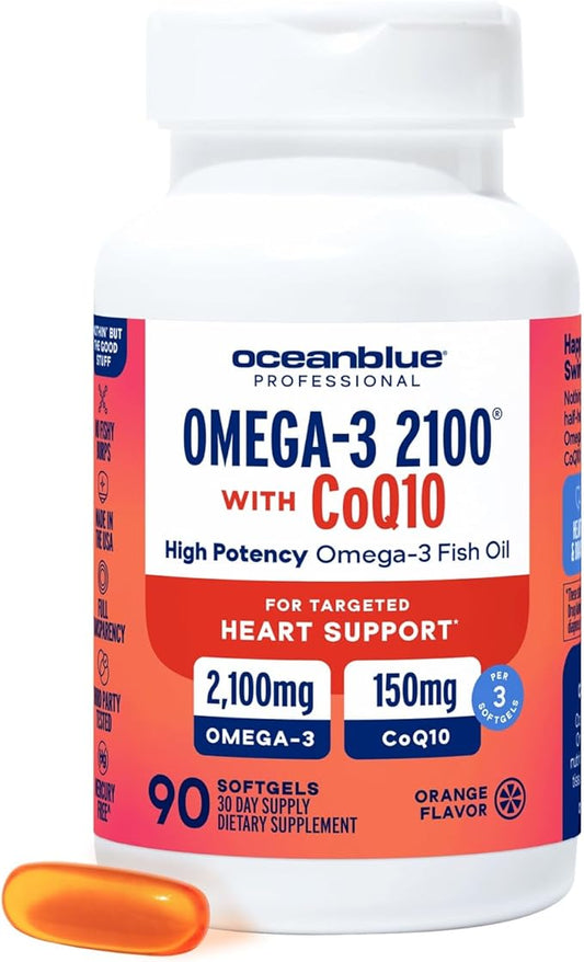 Oceanblue Professional Omega-3 2100 with CoQ10 – 90 ct – Triple Strength Fish Oil Supplement with High-Potency EPA and DHA, and CoQ10 – Orange Flavor (30 Servings)