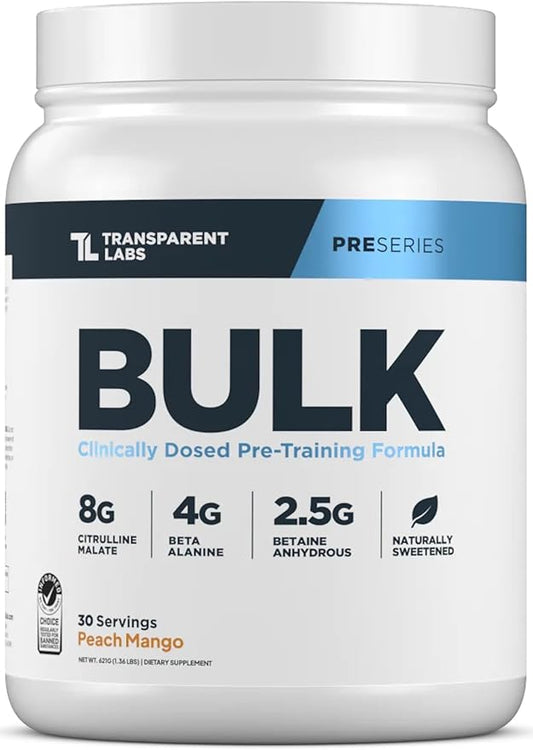 Transparent Labs Bulk Pre Workout Powder - Naturally Sweetened Advanced Pre-Workout Formula for Muscle Building and Strength - 30 Servings, Peach Mango