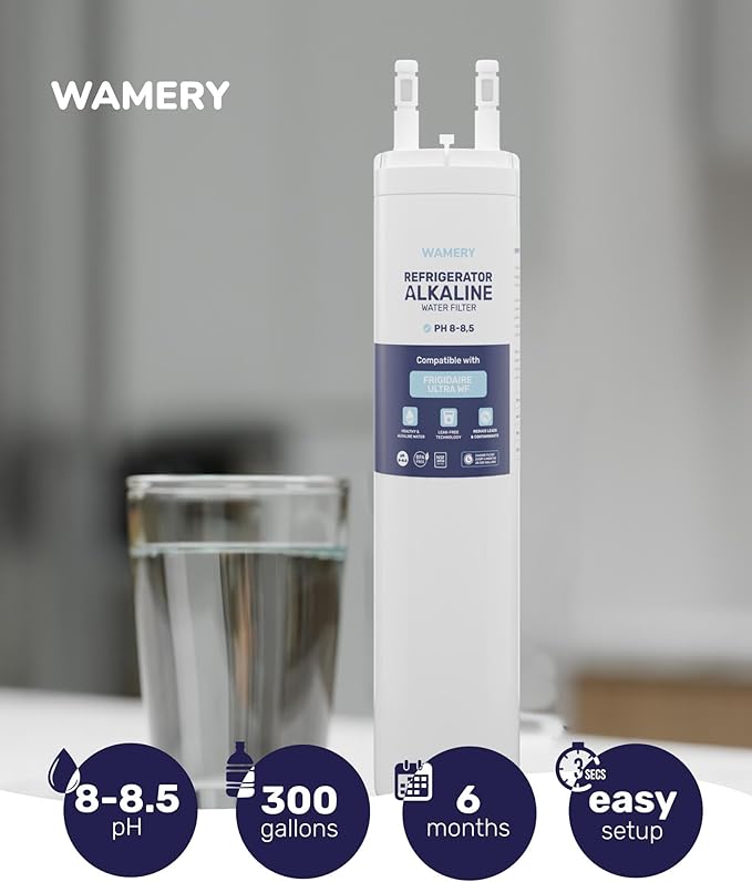 Wamery Alkaline Refrigerator Water Filter Replacement - Model ULTRAWF, 6-Month/300-Gallon Life, Twist-In Tool-Free Install, IAPMO to NSF/ANSI 42, Leak-Free Seal, BPA-Free Housing, 1 Pack