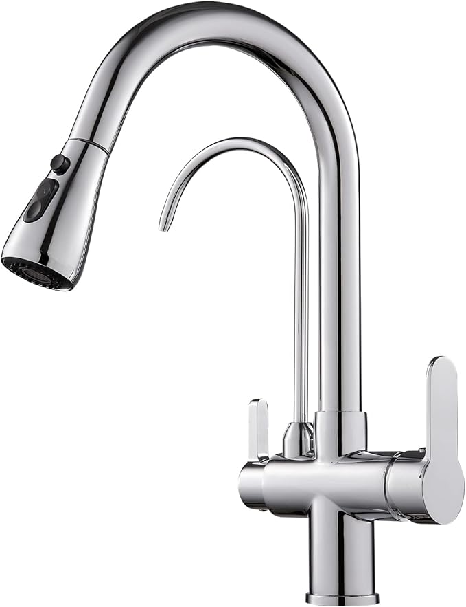 3 in 1 Kitchen Faucet with Drinking Water Faucet, 2 Handle Pull Down Kitchen Sink Faucet Water Filter Purifier Faucets (Chrome)