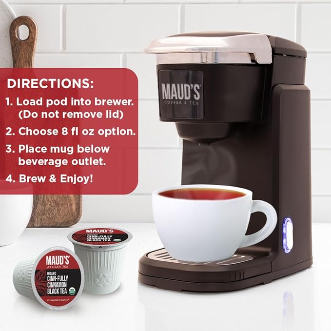 Maud's Organic Cinnamon Black Tea Pods, 22 ct, Recyclable Single Serve Tea Pods – 100% Gourmet Blended Tea Leaves, Compatible with Keurig K Cups Maker