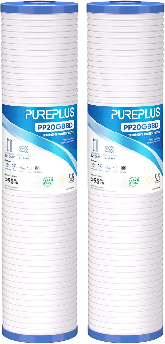 PUREPLUS 5 Micron 20" x 4.5" Whole House Sediment Home Water Filter, Grooved Sediment Cartridge, Replacement for Aqua-Pure AP810-2, Pentair Pentek DGD-5005-20, Home Master CFDGD2501-20BB, 2Pack