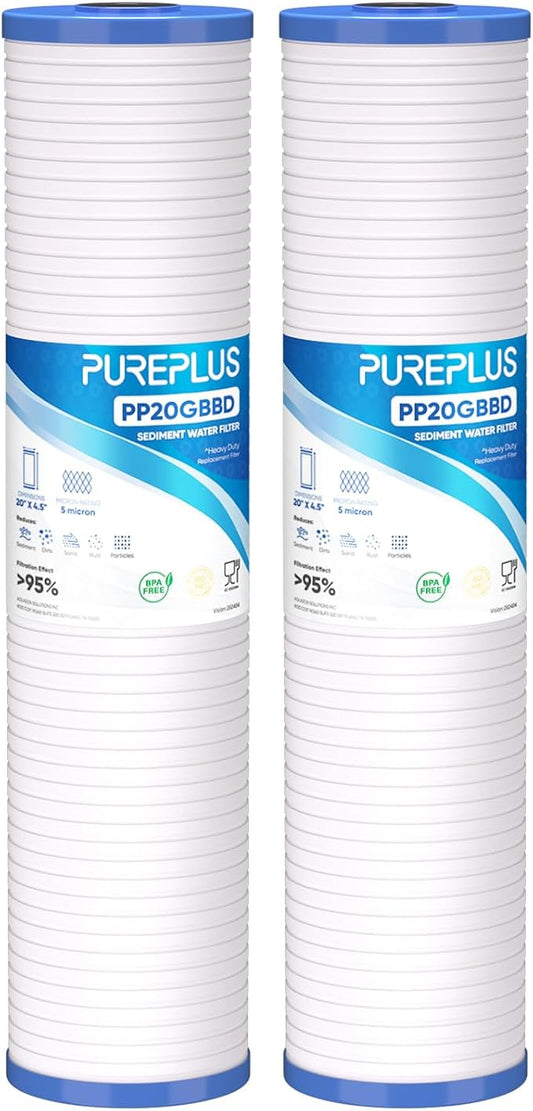 PUREPLUS 5 Micron 20" x 4.5" Whole House Sediment Home Water Filter, Grooved Sediment Cartridge, Replacement for Aqua-Pure AP810-2, Pentair Pentek DGD-5005-20, Home Master CFDGD2501-20BB, 2Pack
