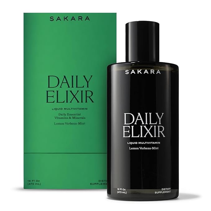 SAKARA Daily Elixir Liquid Multivitamin - Essential Nutrients for Radiant Skin & Cognitive Health - Plant-Based Bioavailable Formula with Vitamin E & Selenium - Sugar-Free Lemon Verbena-Mint, 16 fl oz