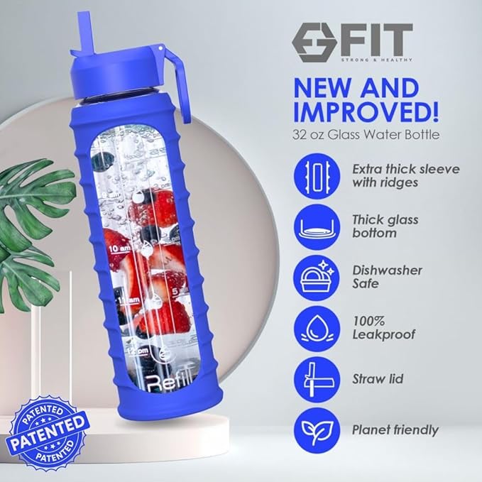 FIT Strong & Healthy 32 oz Glass Water Bottle with Straw Lid, Time Marker, Sleeve & Extra Lid - Motivational, Wide Mouth 1 Liter Glass Drinking Bottle
