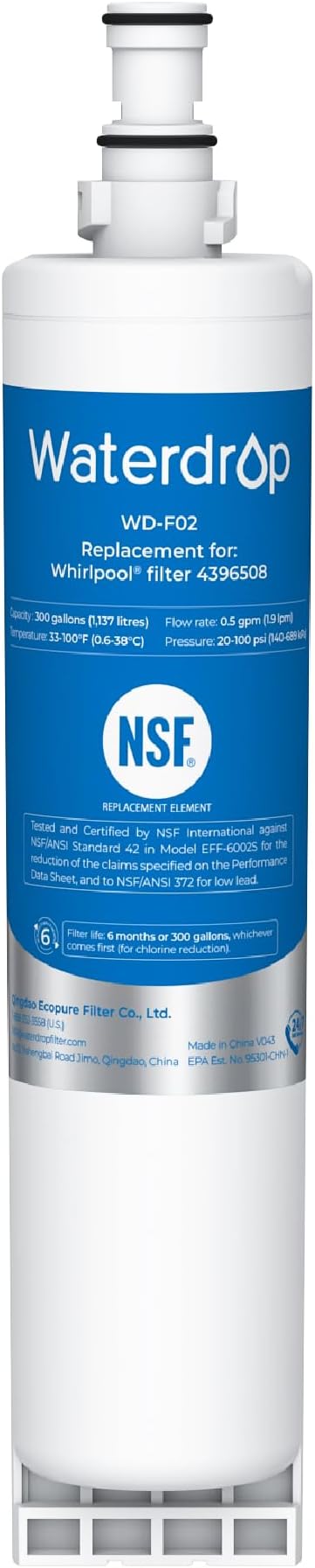 Waterdrop 4396508 Replacement for Whirlpool® 4396510, EDR5RXD1, NLC240V, PNL240V, 4396508p, 4396547, 4392857, LC400V, WF-NLC240V, Everydrop® Filter 5 Refrigerator Water Filter,1 PACK(Package May Vary)