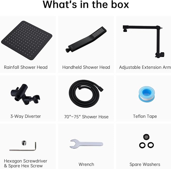 G-Promise All Metal 12 Inches Rainfall Shower Head with Handheld Spray Combo, 3 Settings Diverter, Adjustable Extension Arm with Lock Joints, 71 Inches Stainless Steel Hose (Matte Black)