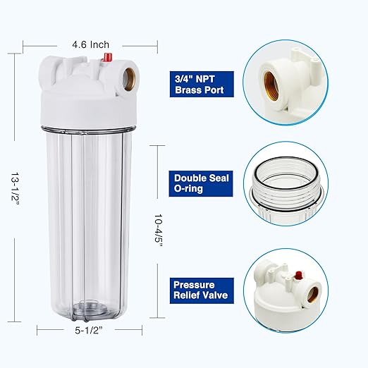 Whole House Water Filter Housing Clear,10" X 2.5" Inline Sediment Water Filter for RV, Home, Aquarium, Maple Syrup RO System, 3/4 NPT Brass Port, Steel Bracket - 1025TBH