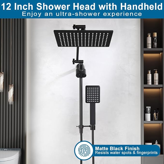 POP SANITARYWARE All Metal Matte Black Shower Head with Handheld, High Pressure 12 Inch Showerhead Combo, 71 Inch / 6 ft Hose, Press Button 4-Way Diverter, Adjustable Extension Arm