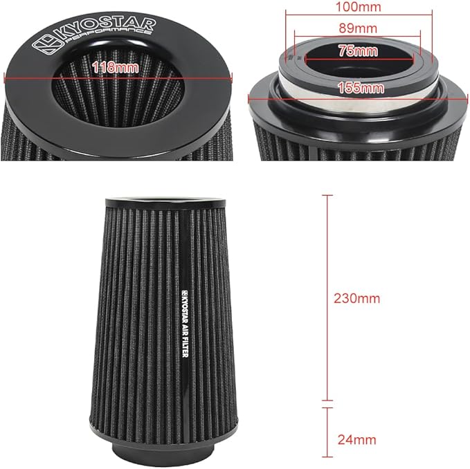 3/3.5/4inch Inlet Cold Air Intake Cone Replacement Performance Washable High Flow Dry Air Filter (BLACK)