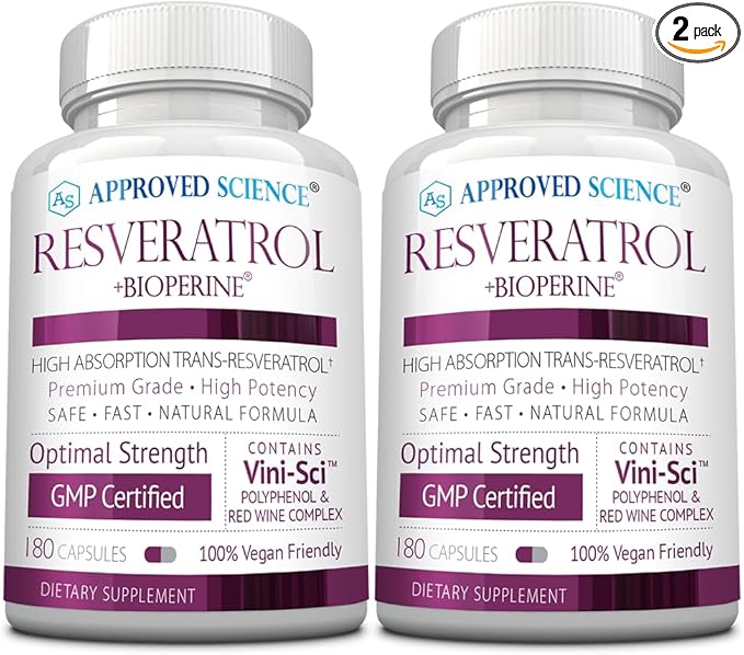 Approved Science® Resveratrol - 1000 mg of Trans Resveratrol - 250 mg of Polyphenol - 98% Purity Level - Includes Bioperine® - 380 Vegan Friendly Capsules - 2 Bottles
