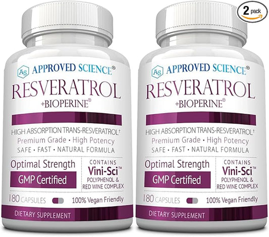Approved Science® Resveratrol - 1000 mg of Trans Resveratrol - 250 mg of Polyphenol - 98% Purity Level - Includes Bioperine® - 380 Vegan Friendly Capsules - 2 Bottles