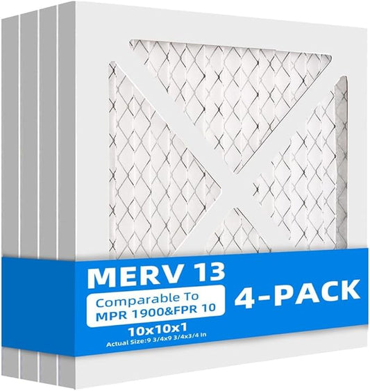 (4 Pack) 10x10x1 Furnace Air Filters, MPR 1900 & FPR 10, MERV 13 Pleated Air Filter (Actual Size: 9.75x9.75x0.75 inch)