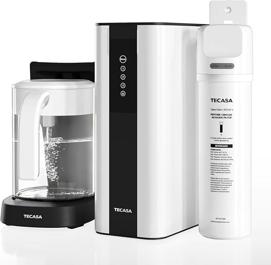 Tankless Reverse Osmosis System with Auto-Fill Pitcher & Alkaline PH+ Mineral Filter, TECASA 5-Stage Under Sink RO Water Filter, NSF Certified 0.0001μm for PFAS/Lead Removal, Space-Saving for Home/RV