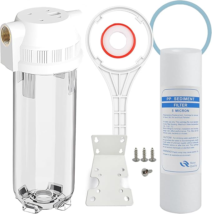 Whole House/RV Water Filter Housing Clear, 10" X 2.5" Inline Sediment Water Filter for RV, Home, Garden, Aquarium, 3/4" G Brass Port, R-Type O-Ring, Heavy Duty Bracket, with PP Filter - 1025CBP