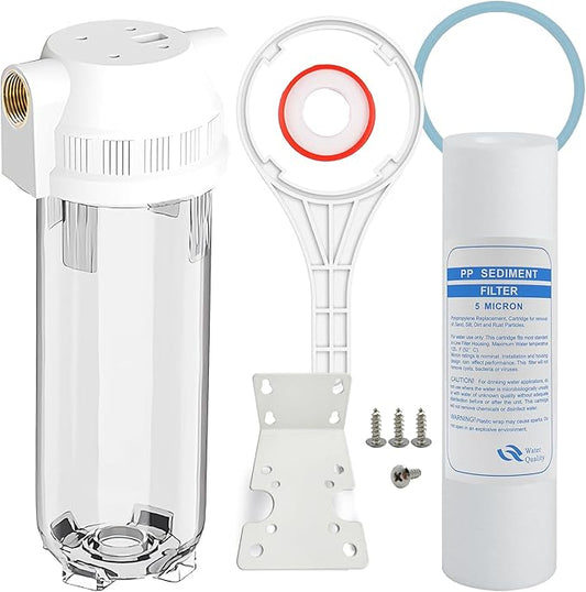 Whole House/RV Water Filter Housing Clear, 10" X 2.5" Inline Sediment Water Filter for RV, Home, Garden, Aquarium, 3/4" G Brass Port, R-Type O-Ring, Heavy Duty Bracket, with PP Filter - 1025CBP