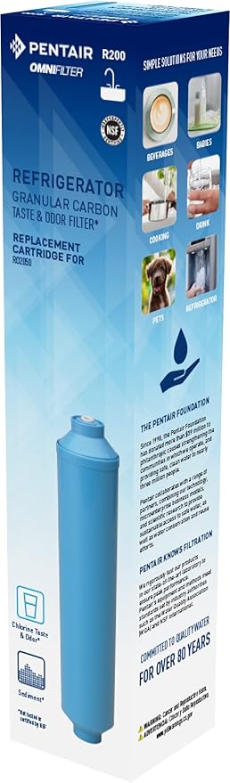 OMNIFilter R200 Inline Water Filter for Refrigerators & Ice Makers, 1/4" Quick Connect Fittings, Removes Sediments, Chlorine Taste and Odor, 15 Micron, Blue